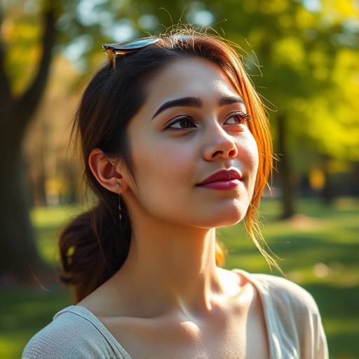 Une femme visualisant positivement avant une présentation, assise dans un parc ensoleillé.